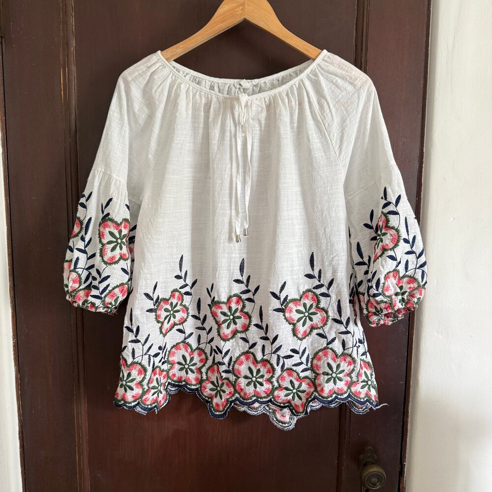 KINDRED | White Embroidered Bohemian Lantern Sleeve Blouse | Large